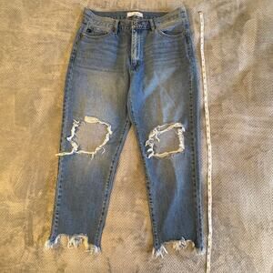 NWOT KanCan Cropped Ripped Regina High Rise Mom Jeans Raw Hem Size 13/30